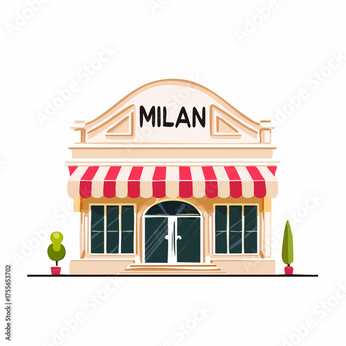 Illustration of a shop with a red and white awning and decorative plants