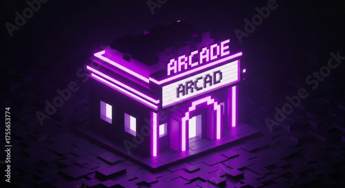 Isometric pixel art arcade building with neon lights, showcasing a retro gaming experience and a vibrant, nostalgic atmosphere in a dark setting