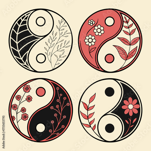 Illustration of four yin yang symbols with floral designs