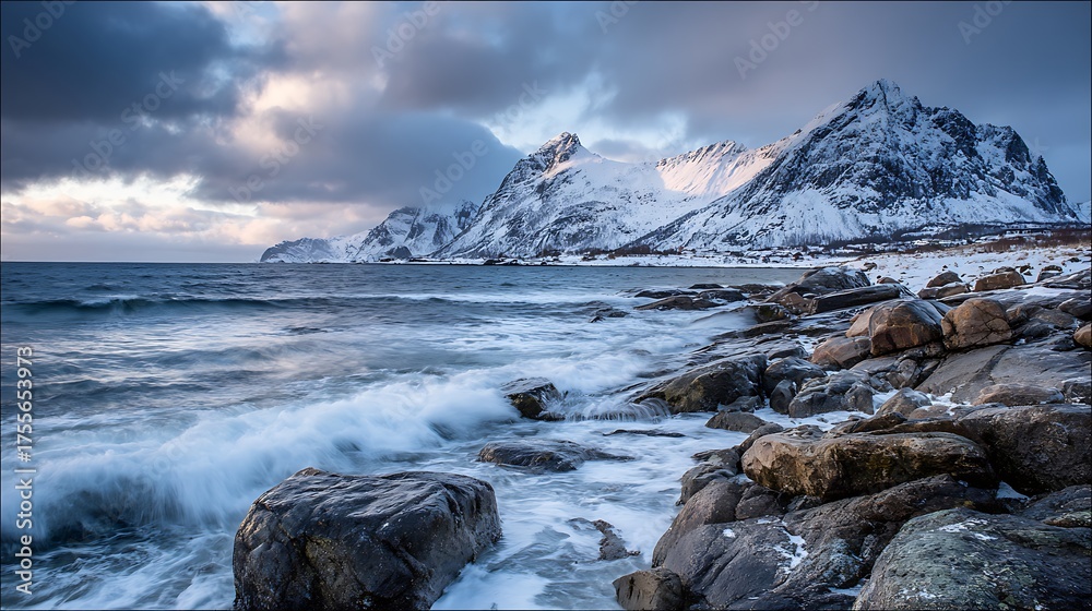 Obraz premium a stunning winter seascape in norway with mountains and a rocky coast