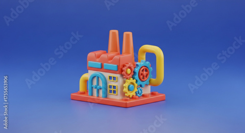 A whimsical 3d rendering of a colorful toy factory with gears and smokestacks against a vibrant blue background, creating a playful scene