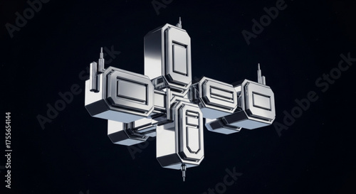 Futuristic silver space station with a cross shape isolated on, a concept of advanced technology and space exploration