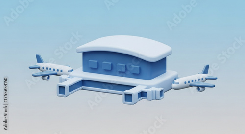 Cartoon airport terminal with two airplanes, a concept of travel and transportation in a simple style