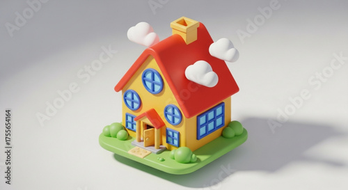 A charming cartoon house with a red roof, yellow walls, and blue windows, surrounded by fluffy clouds