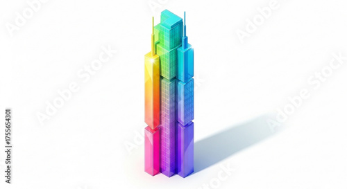 A vibrant and colorful skyscraper stands tall against a pristine, showcasing modern architecture and design