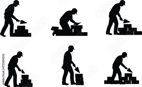 Construction worker silhouettes building brick wall, masonry labor, manual work, construction industry, tools, teamwork, flat vector illustration