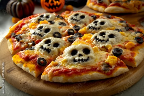 A spooky Halloween pizza with skull-shaped melted cheese decorations, black olives for eyes, and chunks of cheese on a wooden board. The background features pumpkins and a festive atmosphere.