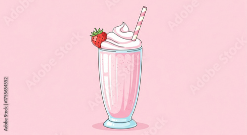 A delightful strawberry milkshake with whipped cream and a striped straw, perfect for a sweet treat