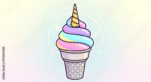 A whimsical unicorn ice cream cone with pastel swirls and a golden horn, , perfect for magical treats