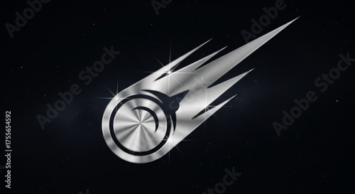 A striking silver comet logo hurtling through the cosmos, symbolizing speed, innovation, and cosmic exploration on a dark background