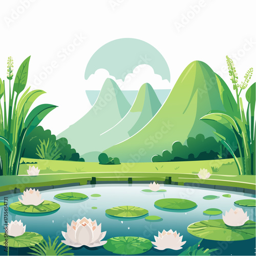 Illustration of serene landscape featuring mountains pond and water lilies