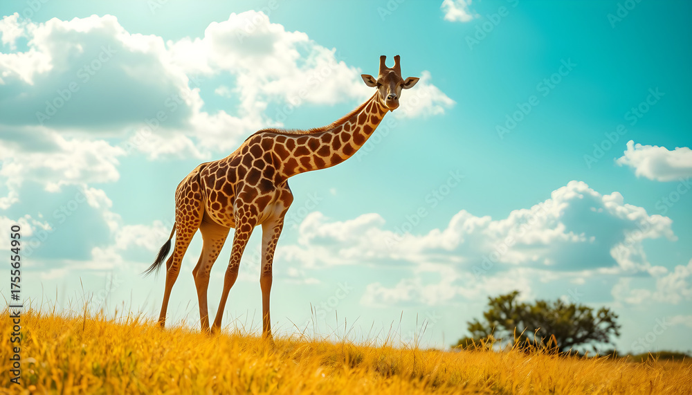 Obraz premium Giraffe grazing in golden grassland with bright blue sky, soft clouds and warm sunlight.