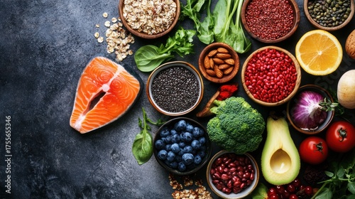 Selection of healthy foods for a balanced diet on a textured background