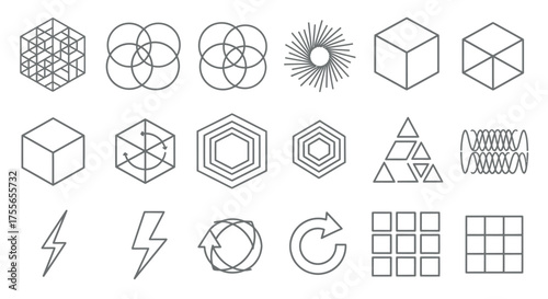 A diverse collection of minimalist geometric shapes and abstract symbols presented in a clean, black line art style.