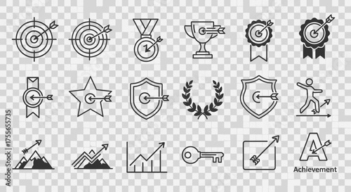 A collection of thin line icons representing business goals, success, and achievement, featuring targets, trophies, medals, and upward growth charts.