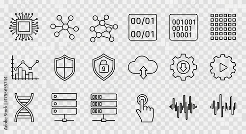 A collection of digital technology and data science icons, featuring a CPU, network nodes, binary code, data charts, security shields, cloud storage, gears, ...