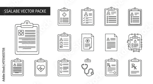 Collection of vector illustrations depicting medical clipboards, documents, and a stethoscope, all in line art style.