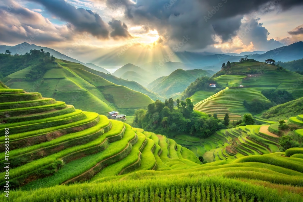 Obraz premium Sunlight streams over the lush green rice terraces in vietnam