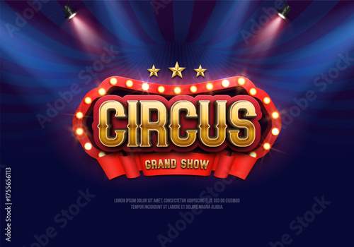 Circus retro banner with illuminated billboard. Vintage poster for carnival show, funfair festival or amusement entertainment event. Vector illustration.
