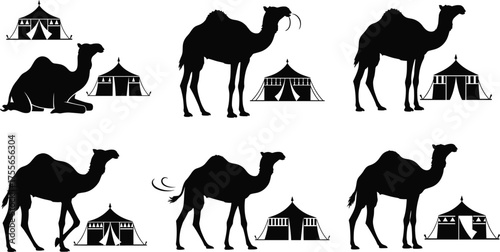Silhouette camel tent desert scene, nomadic lifestyle illustration, Arabian night travel concept, traditional Bedouin camp art, wildlife journey background