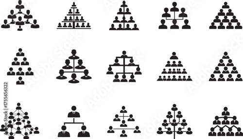 Diverse Set of Hierarchical Organizational Chart Illustrations Depicting Structures and Relationships