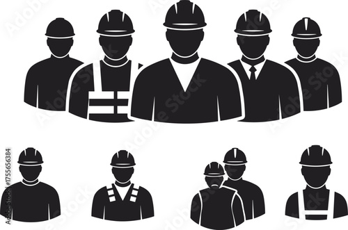 Construction workers team silhouette illustration with safety helmets, engineers and builders teamwork concept on white background