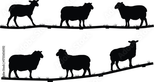 Silhouette sheep grazing on grassy hillside, pastoral livestock scene, rural countryside landscape, farm animals in nature, black silhouette illustration