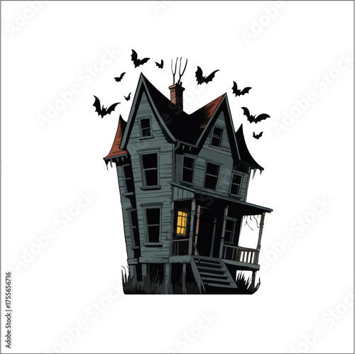 Halloween house illustration with bats on a white background vector for real estate icon design