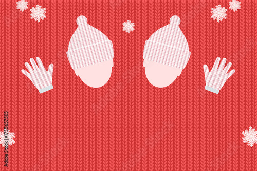 ニットの手袋とニット帽をかぶった2人、ニット編み物の背景イラスト