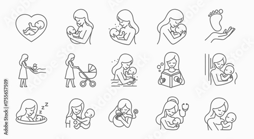 A collection of minimalist line art icons illustrating diverse aspects of motherhood, featuring mothers lovingly interacting with and caring for their babies...