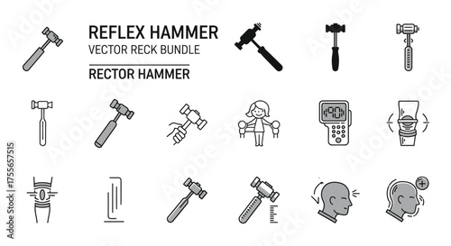 A collection of vector illustrations depicting various reflex hammers, medical diagnostic tools, and related anatomical diagrams used for testing reflexes.