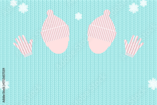 ニットの手袋とニット帽をかぶった2人、ニット編み物の背景イラスト