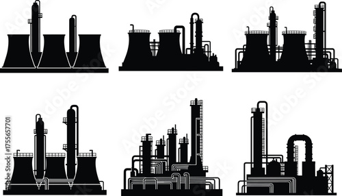 Industrial factory plant refinery silhouette set with cooling towers, pipes, energy production, and power station design