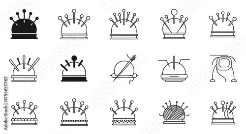 A collection of black and white pincushion icons, featuring various designs with pins and needles for sewing and tailoring.