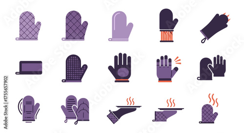Collection of various oven mitts and gloves depicted in different colors and styles, ready for cooking.