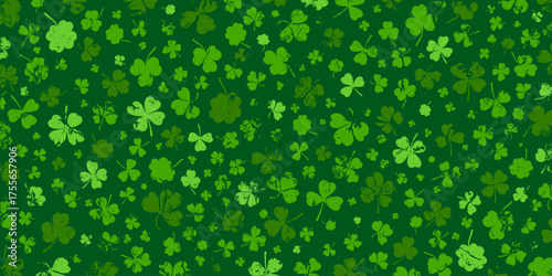 Shamrock or green clover leaves pattern background flat design vector illustration. St Patrick Day shamrock symbols decorative elements horizontal pattern texture.