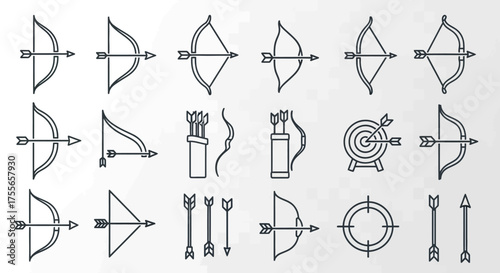 A collection of various archery bows, arrows, and targets, presented in a clean, minimalist style.