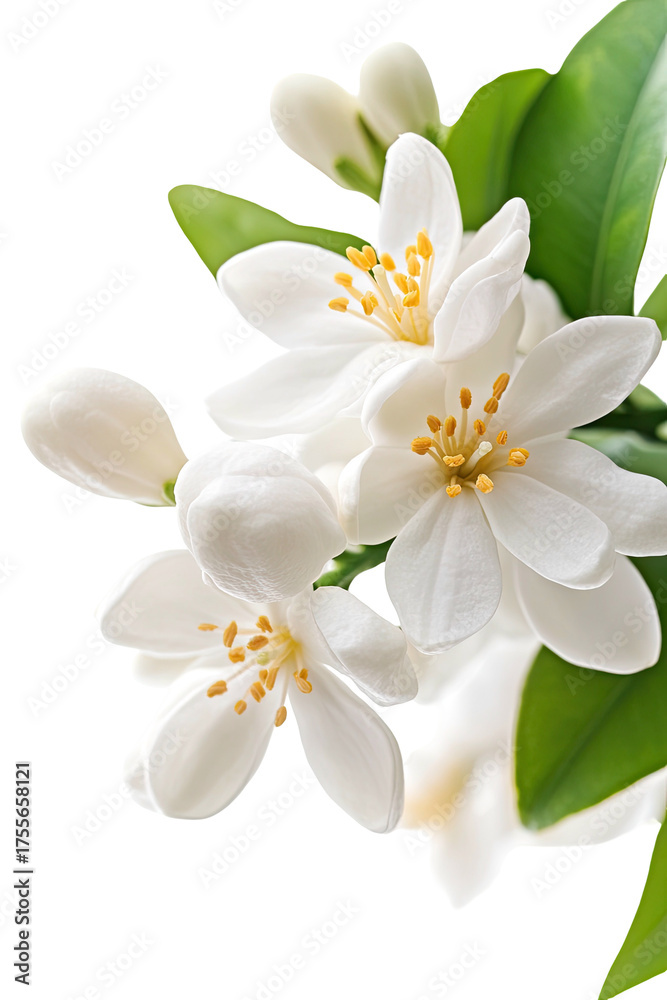 Fototapeta premium White citrus blossoms with green leaves