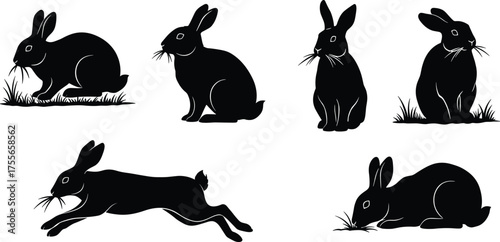 Black rabbit silhouettes eating grass, bunny poses, wildlife animal illustration, hare leaping, crouching, sitting, lying, nature vector design art
