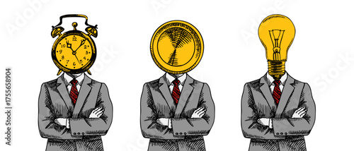 Trendy collage set of businessmen with object heads. Alarm clock, coin, lightbulb replace faces. Business strategy, time management, money concept. Engraved sketch vector illustration.