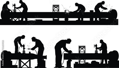 Industrial workers welding large metal pipes, construction site silhouettes showing fabrication and engineering labor with safety gear