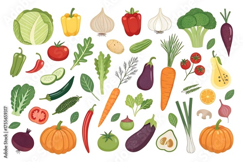 Collection of vegetables and fruits including carrots, broccoli, and tomatoes