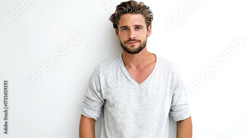 A young man with a casual beard and styled hair looks directly at the camera, his furrowed brow conveying worry, confusion, or deep concern. This versatile emotional display on a clean white backgroun