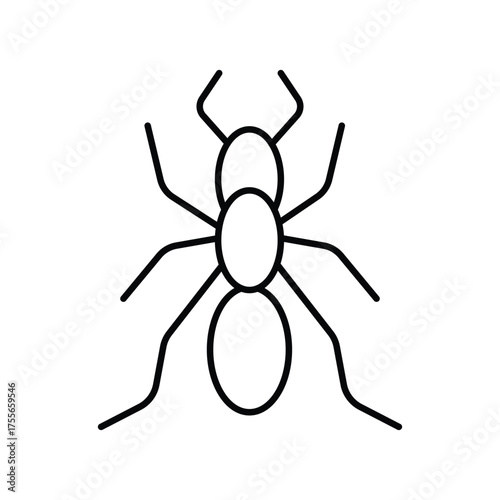 Line drawing of an ant three oval body segments two antennae and six legs