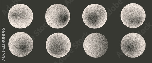 Cream beige noise gradient circle element set. Speckle dotwork radial gradation round geometric forms collection. Vector salt or baking flour text boxes shapes of dots grain texture. Chalk spray icons