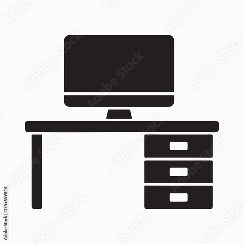 "Minimalist Computer Desk Icon – Black and White Workstation Silhouette"