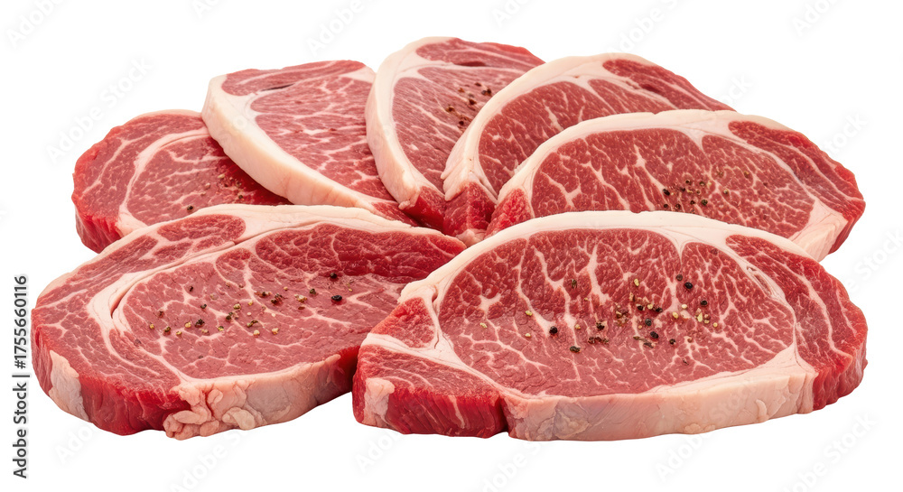 Fototapeta premium Raw Beef Steaks Marbling Fat Ready For Grilling Isolated on Transparent Background