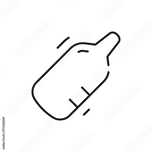 Outlined baby bottle icon tilted with additional motion lines