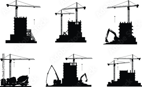 Construction site silhouettes, tower cranes, excavators, heavy equipment, building development, engineering machinery, industrial architecture, vector illustration