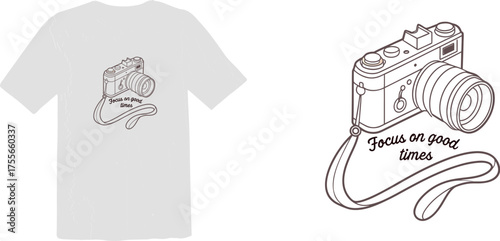 Vintage Film Camera Line Art T-shirt Design with Focus on Good Times Quote and Strap